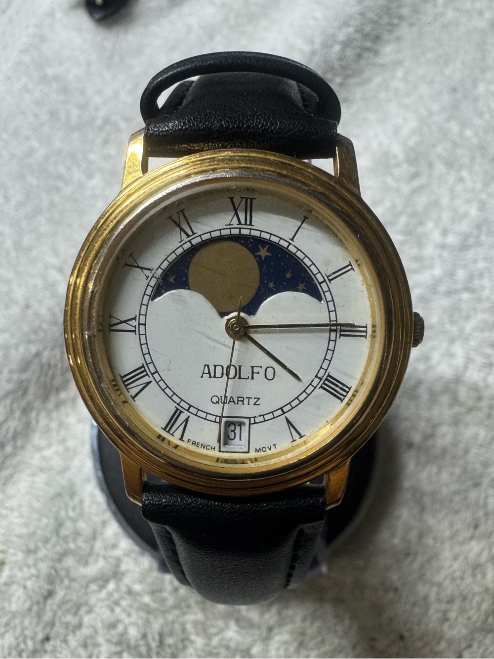 Adolfo Gold-Tone Moonphase Watch with Black Leather Strap